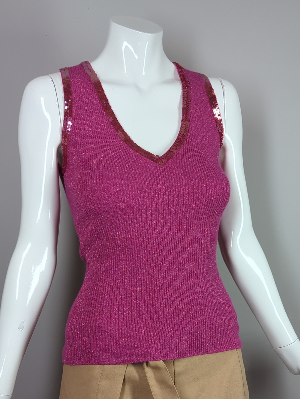 Vintage Jacob Fuchsia Sequin-Trim V-Neck Tank Top 90s Small
